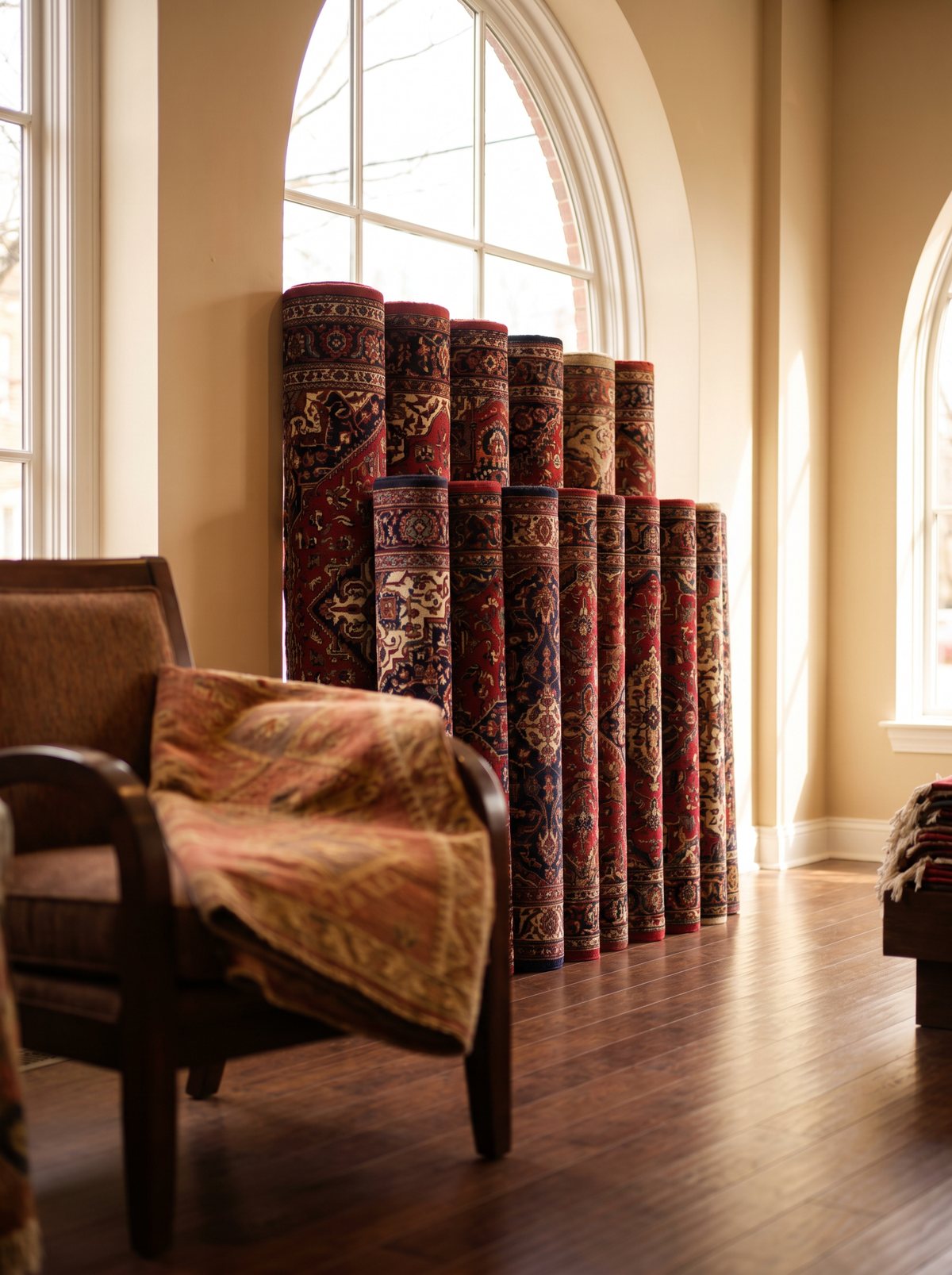 Rolled Persian rugs standing in golden window light beside a leather chair