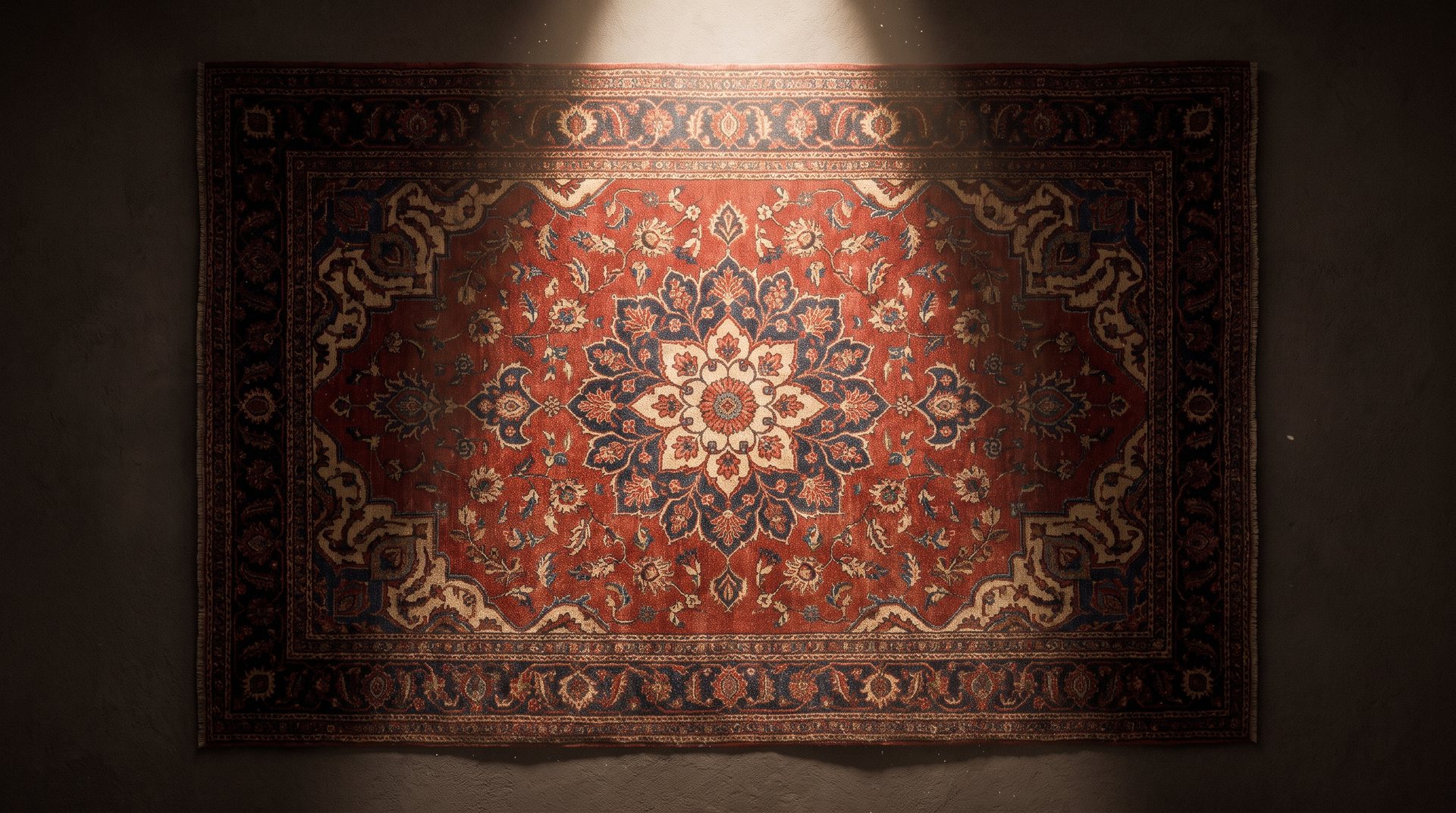 A magnificent Persian rug lit like a museum piece on a dark gallery wall