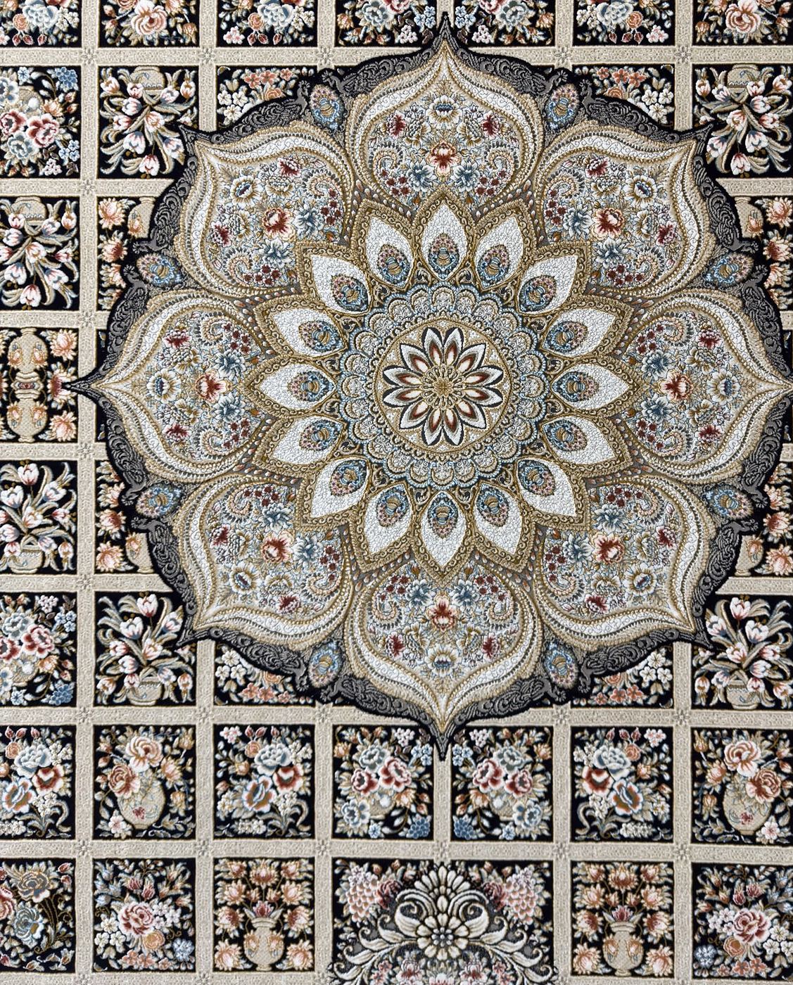 A 1200 reed Persian rug in silver grey, its medallion ringed by a finely gridded field