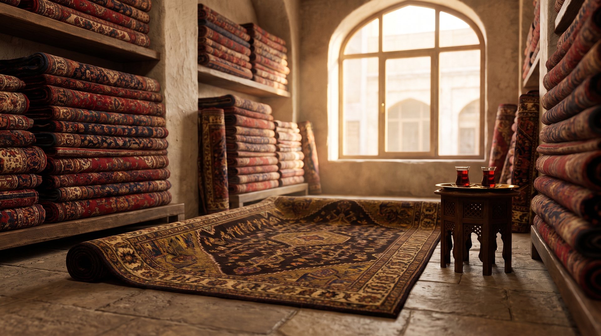 The warm Dandy Rugs showroom, stacks of fine Persian rugs and handmade toshak sets in golden afternoon light