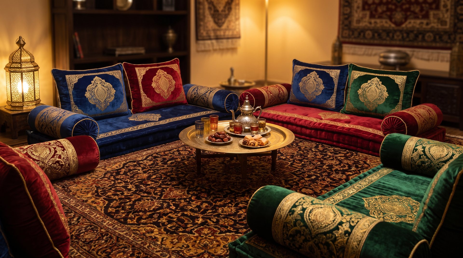 Toshak floor seating in jewel-toned velvet and brocade, made to order